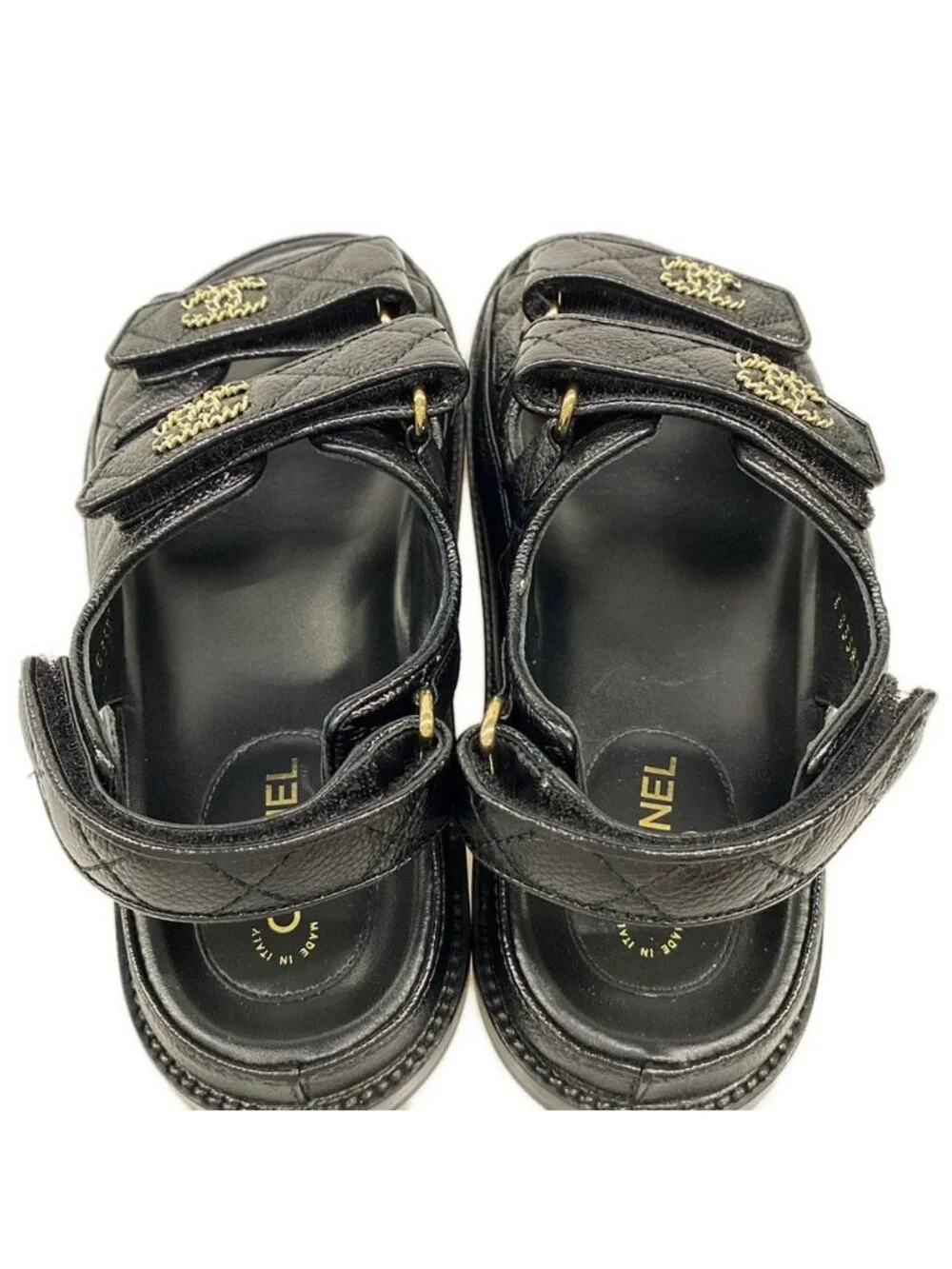 Chanel Sandals C Black Quilted CC Logo Gold Velcro